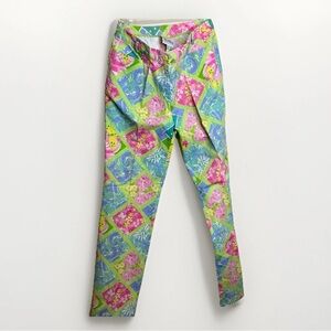 Vtg 90s Lilly Pulitzer Surf N Patch Blue Pink Pants Mid Rise Straight Leg Size 4